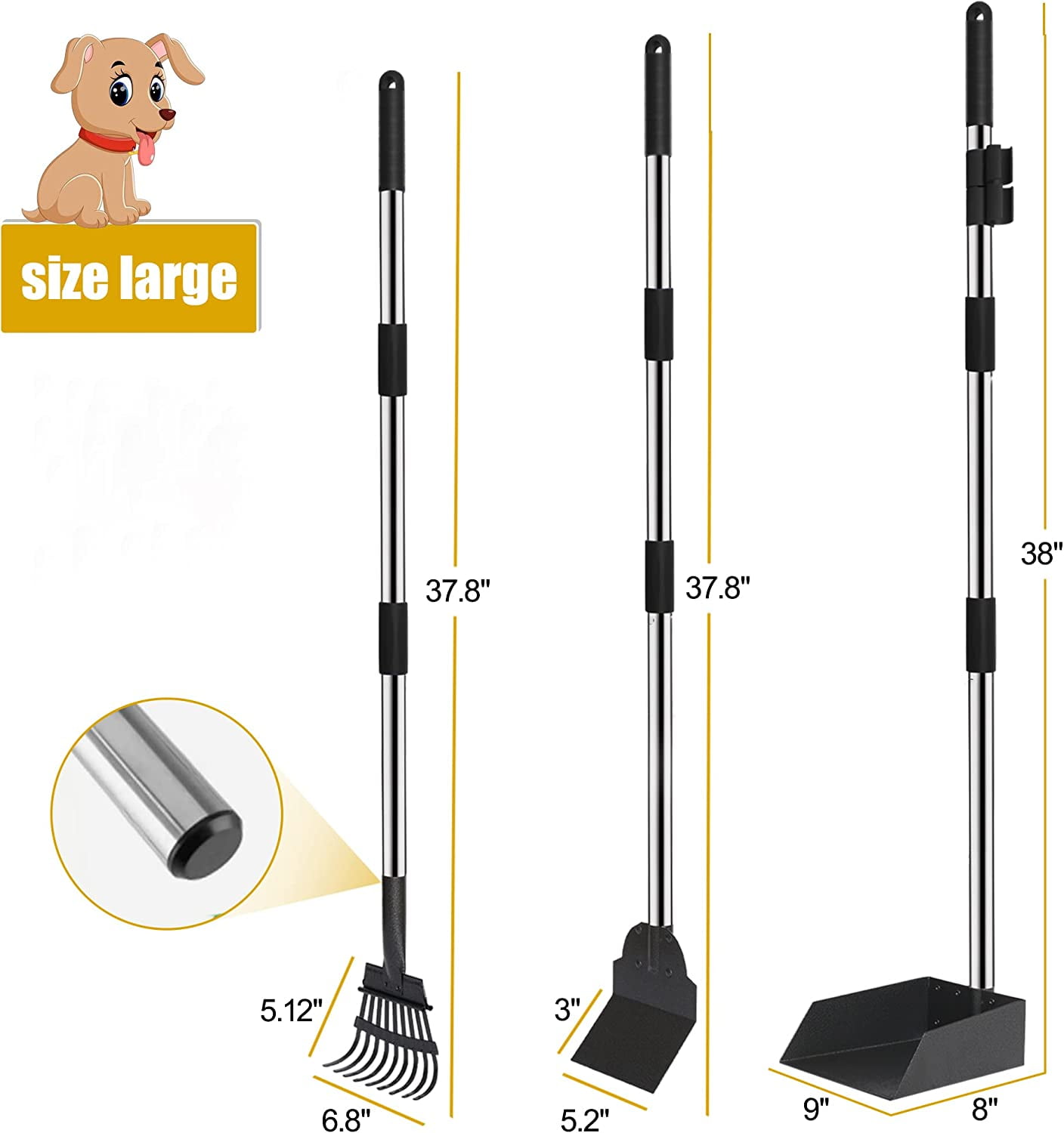 Dog Pooper Scooper, 3 Pack Poop Scooper Set with Metal Tray Rake Spade