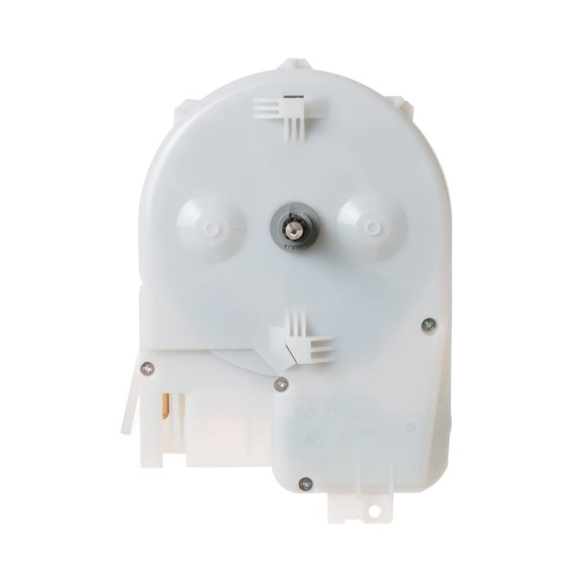 temporizador ge wh12x10527 para lavadoras ge temporizador OEM blanco, vista frontal centrada con eje metálico central, conectores eléctricos en la base y puntos de montaje visibles; repuesto que controla la duración de ciclos, nivel de agua, llenado y vaciado en lavadoras GE, adecuado como reemplazo en reparaciones.