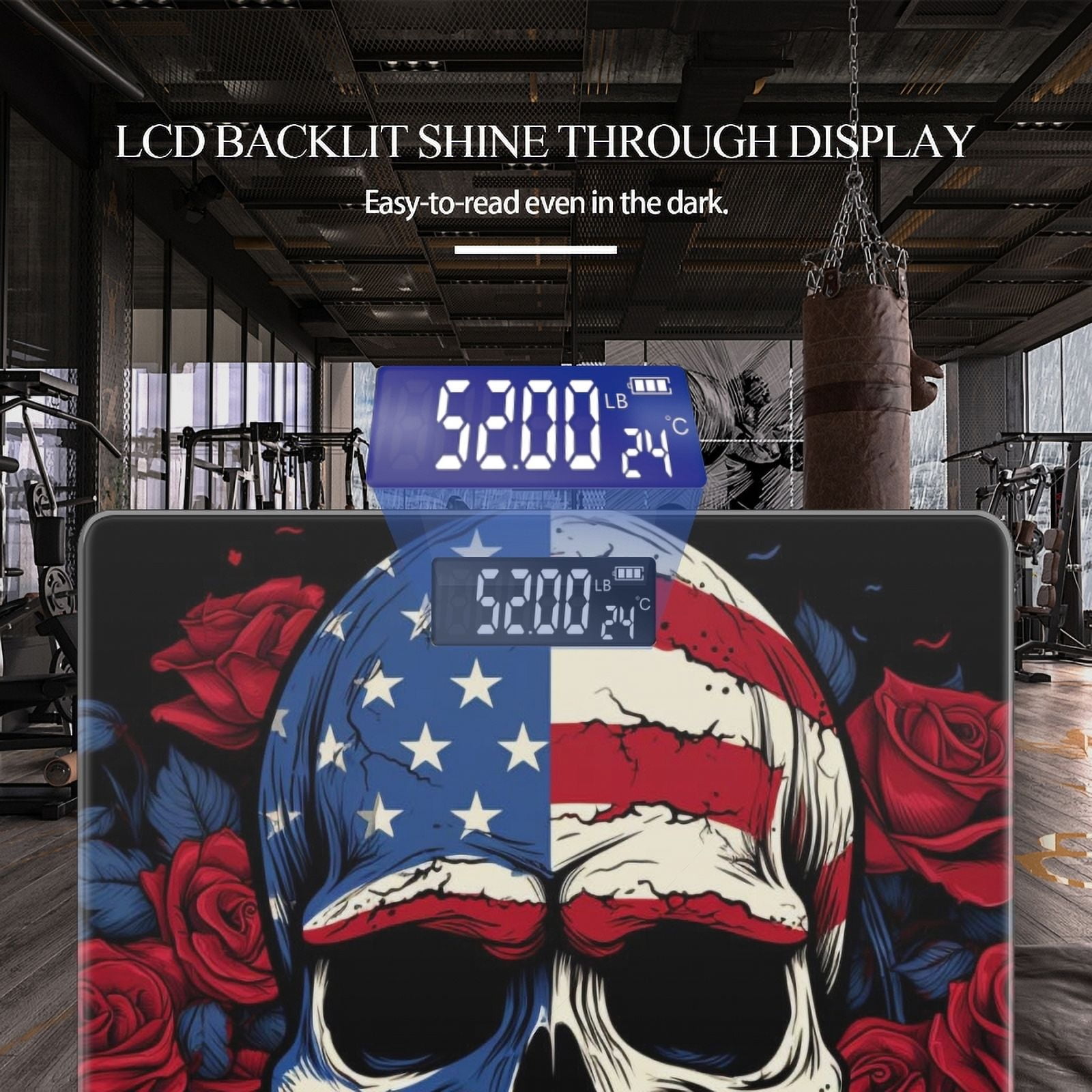 Bathroom Scale, Highly Accurate Digital Body Scale,Precisely Measures Weight up to 400 lbs-American Flag With Skull And Red Flowers