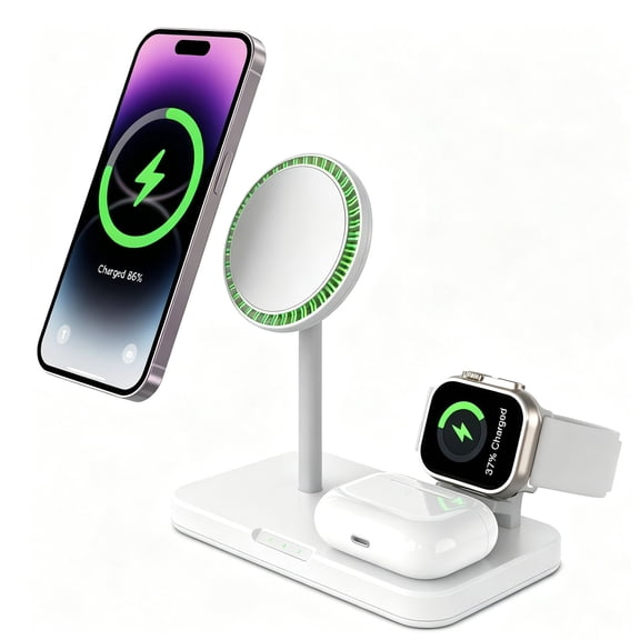 ShineFuture 3-in-1 Fast Wireless Charger Stand for iPhone 16/15/14, Apple Watch, AirPods, Desk Station, White