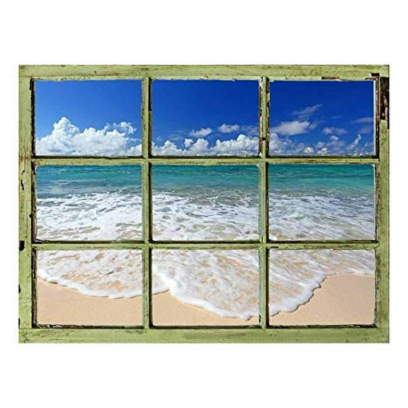 Window View Wall Mural - Tropical Beach and Clear Waves - Vintage Style Wall Decor - Peel and Stick Adhesive Vinyl Material - 24x32 inches