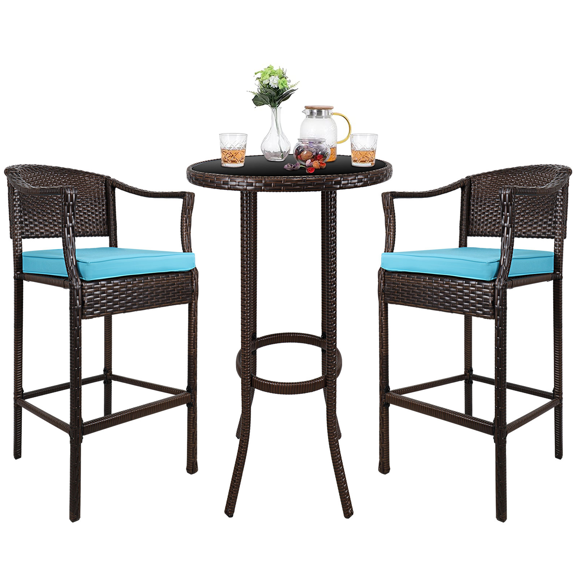 3 Piece Patio Height Bar Set with Table and Chairs, Outdoor Bistro Set, 27.56" Bistro Dining Table and 2 Cushioned Chairs, Patio Furniture Sets Suitable for Yard, Balcony, Garden, and Pool, B15 - image 1 of 10