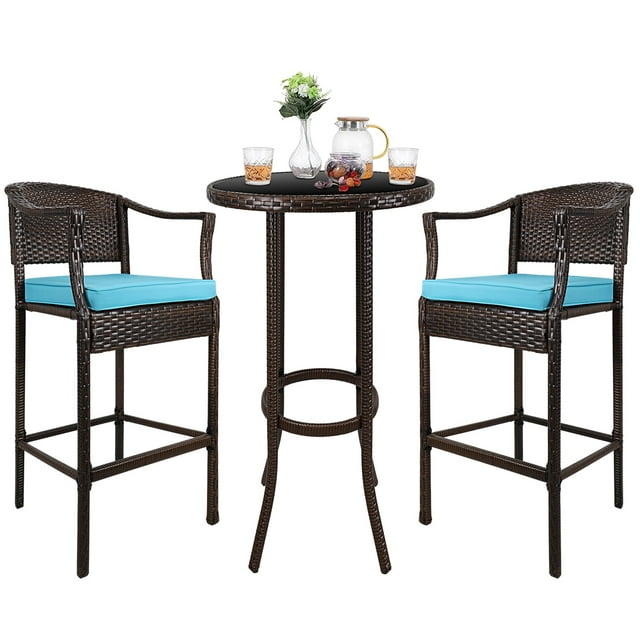 3 Piece Patio Height Bar Set with Table and Chairs, Outdoor Bistro Set, 27.56" Bistro Dining Table and 2 Cushioned Chairs, Patio Furniture Sets Suitable for Yard, Balcony, Garden, and Pool, B15