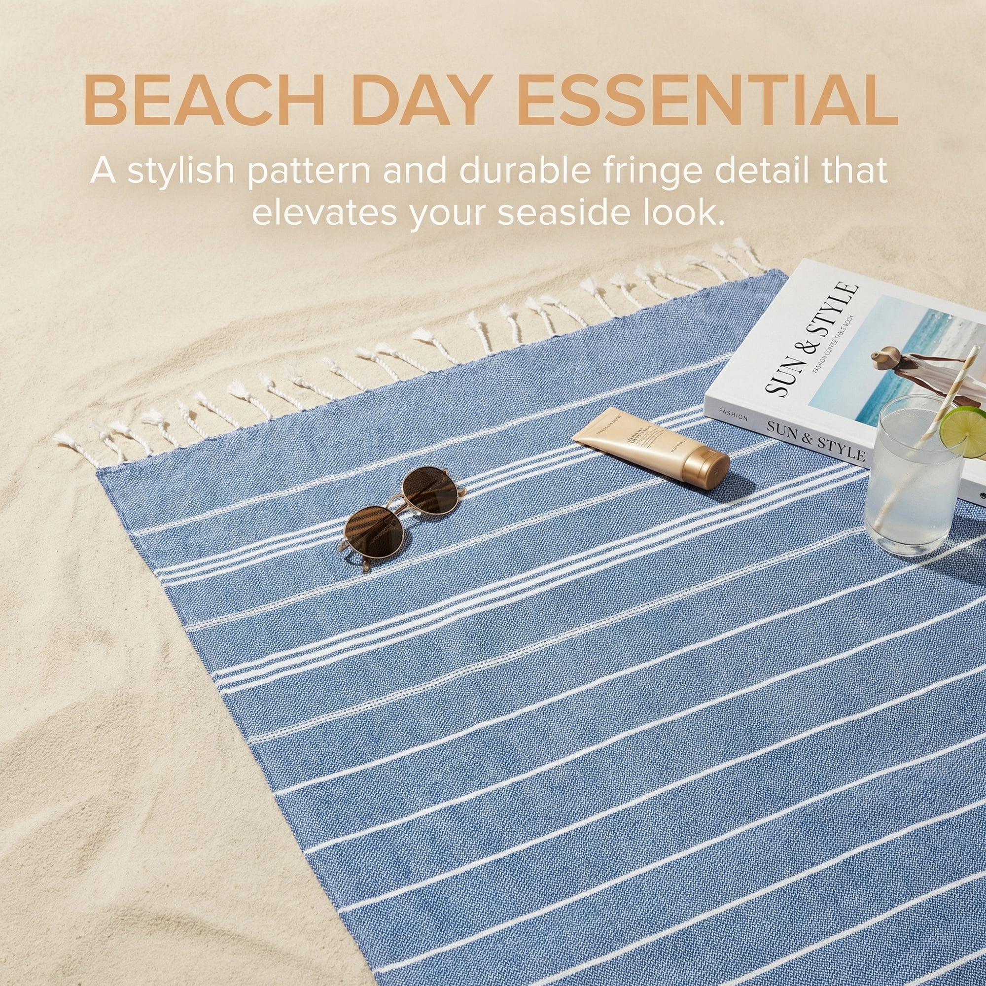 Unique Bargains Stripe Turkish Sand Free Towel 2 Pack Royal Blue/Light Yellow 71"x35"