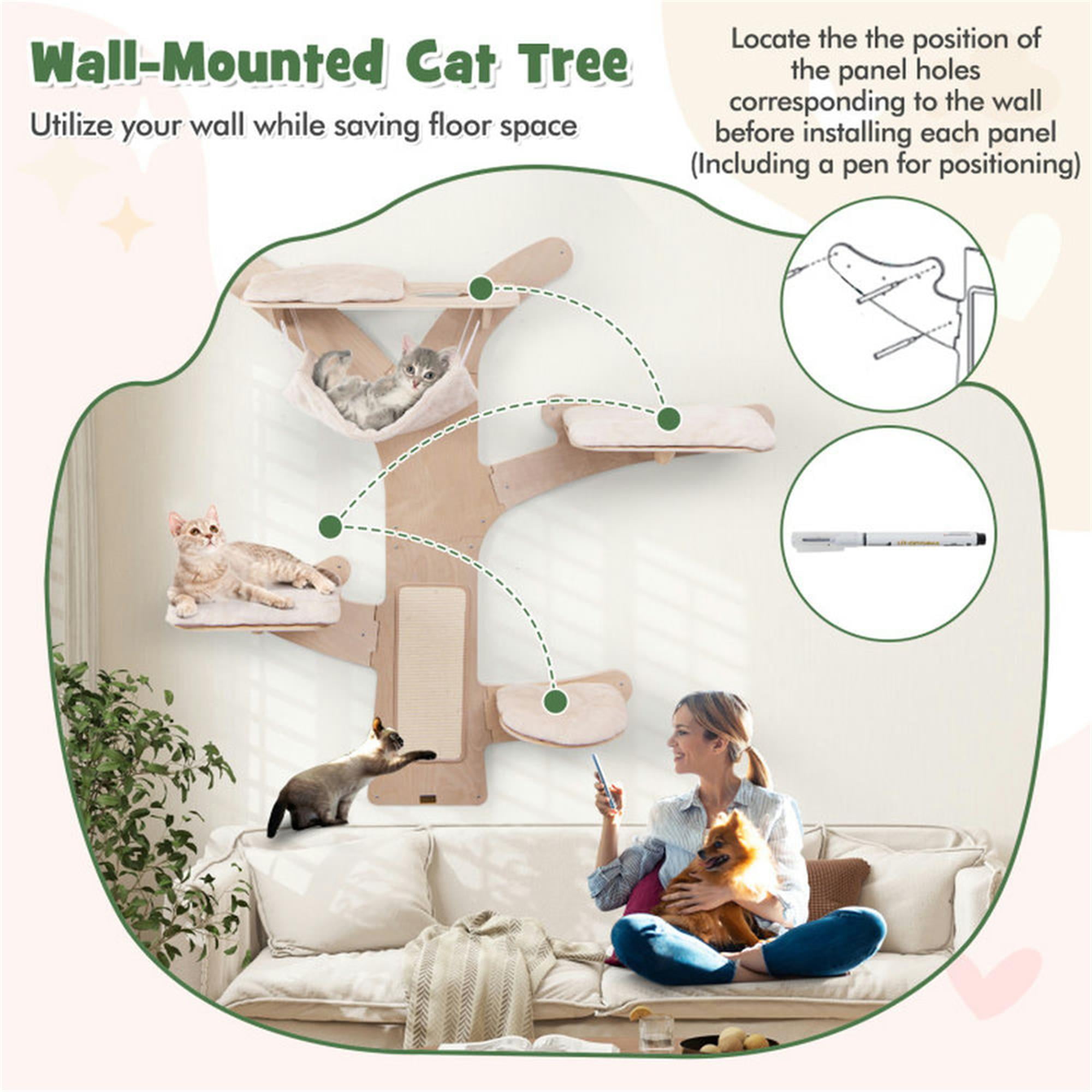 Kadyn 71" Wall Hanging Cat Tree Tower, Mounted Vertical Cat Climber Shelves with Hammock Platforms and Sisal Scratching Mat for Indoor Cats, Beige