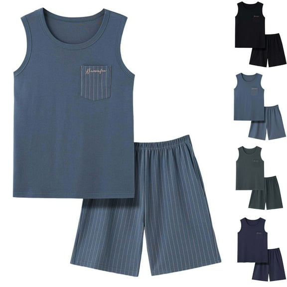 RYDCOT Men's 100% Cotton Pajamas Set Workout Tank Top Pjs Sets with Shorts 2 Piece Soft Sleeveless Casual Sleep Shirts Loungewear Light Blue