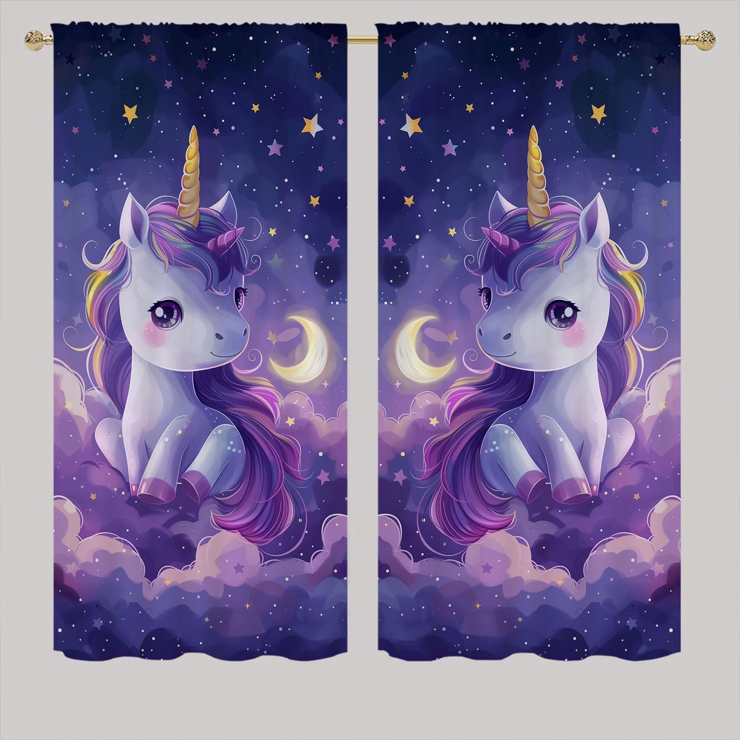 Cute Unicorn Blackout Curtains for Kid Girls Boys Bedroom, Cartoon Stars Moon Dreamy Fantasy Rod Pocket Darkening Thermal Insulated Curtains for Bedroom Living Room, W42 x L63 Inch