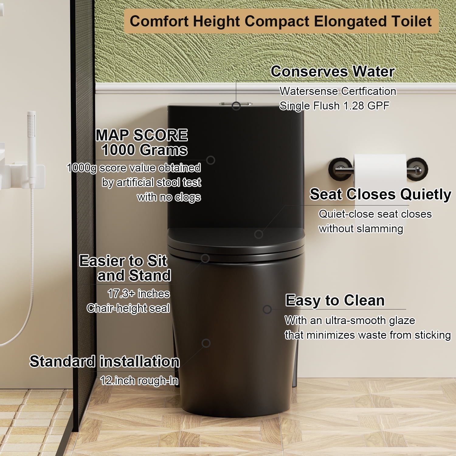 Aukfa One-Piece Toilet Dual Tornado Flush 1.1/1.6 GPF ,ADA Comfort Height,Water Sense Certified, Soft-Close Seat,Black