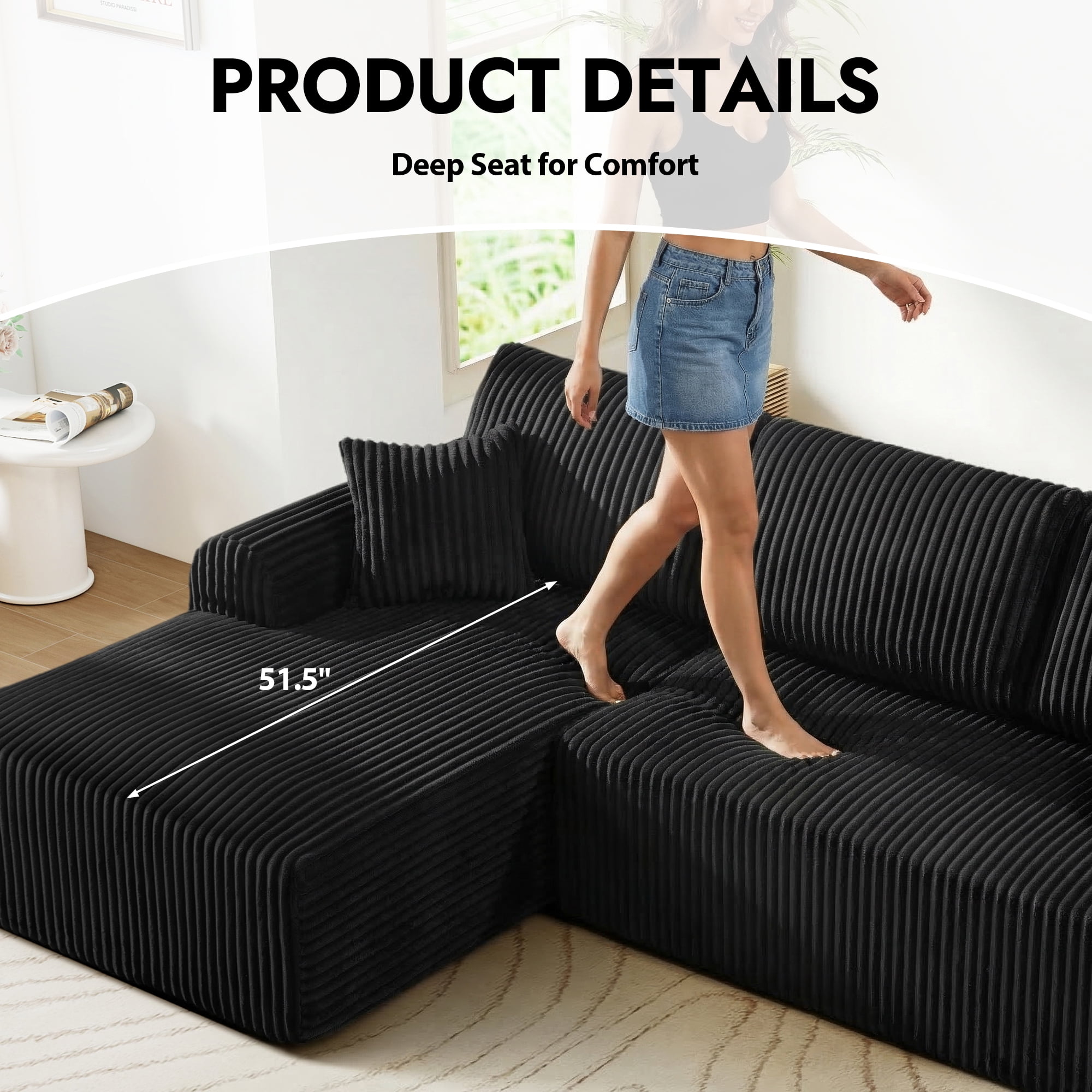 Aukfa 109" Modular Cloud Sectional Sofa with L-Shape Chaise, Corduroy Upholstered Deep Seat Couch, Left Facing Chaise, No Assembly Boneless Sofa for Living Room/Bedroom/Apartment, Black
