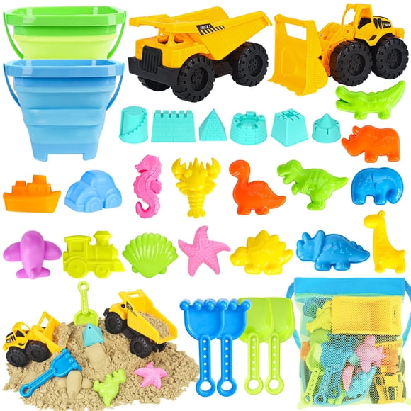 Juguetes de arena Beach Toys FHOZGECY para niños, 31 unidades, con 2 camiones, 2 cubos, etc.