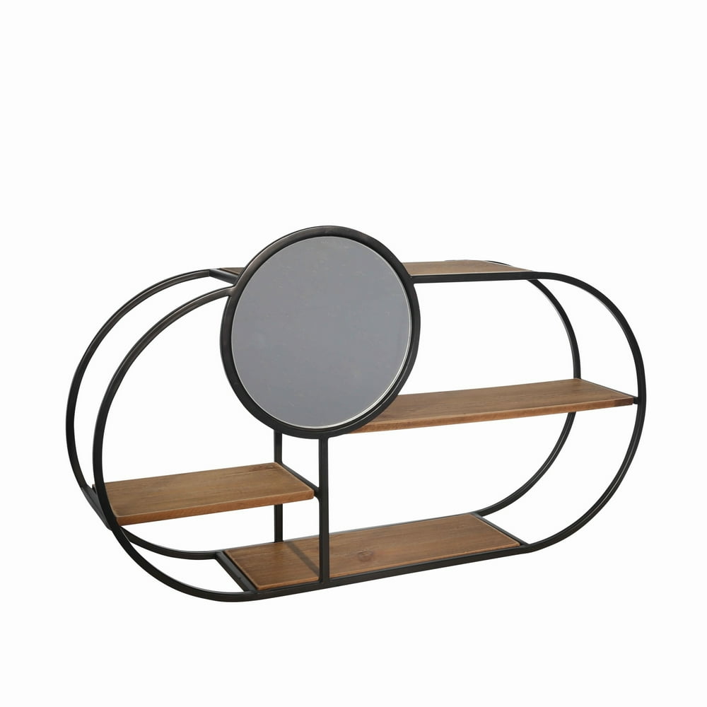 Oblong Wood and Metal 3 Tier Wall Shelf with Round Mirror, Brown and