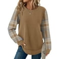 thumbnail image 3 of Waffle Knit Tunic Tops for Women Curved Hem Dressy Long Sleeve Shirts Trendy Fall Fashion Crewneck Sweaters Camel S, 3 of 6