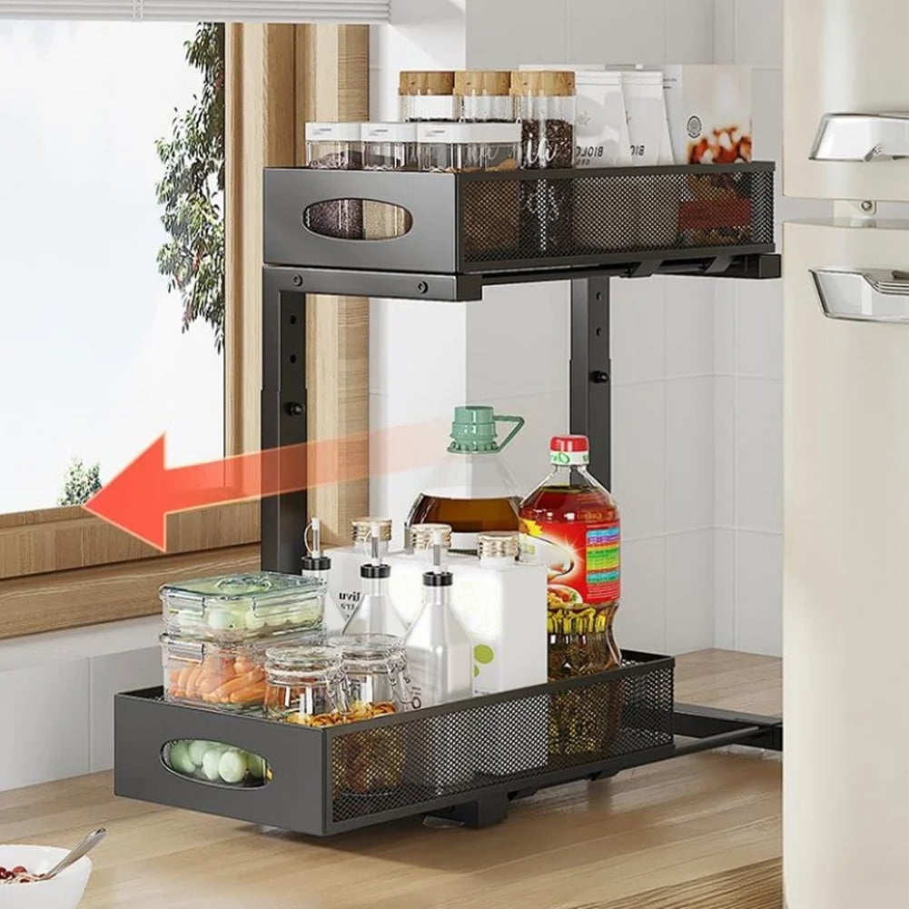 Under Sink Organizer, Height Adjustable Under Kitchen Sink Organizers And Storage Basket, Slide Out 2 Tier Metal Shelf, Pantry Cabinet Organizer For Bathroom Kitchen