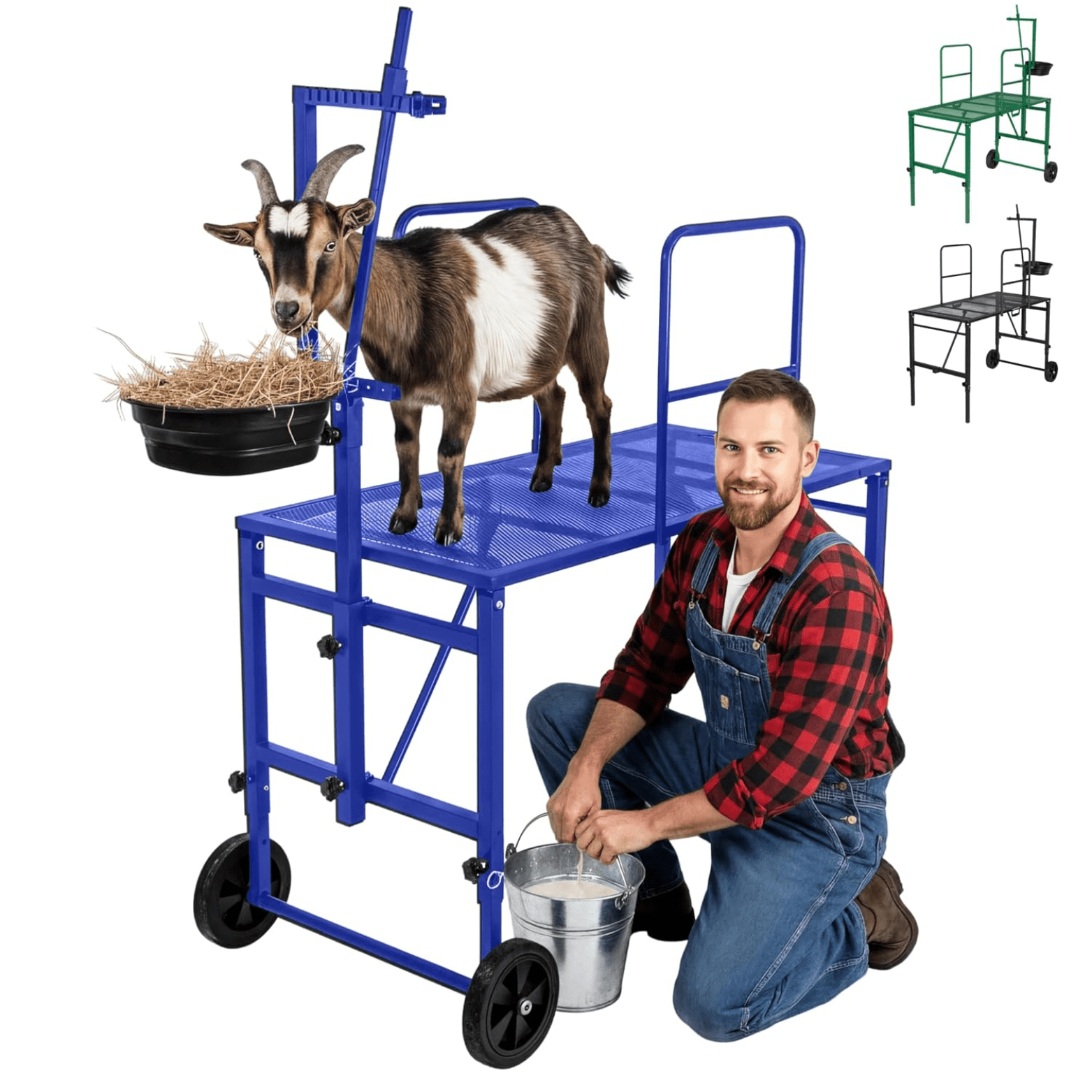 Goat Stand with Adjustable Headpiece & Legs Goat Milking Stand with Feeder Rails & Wheels Stanchion for Grooming & Hoof Trimming Sheep Stand for Shearing Heavy-Duty Steel Platform Blue