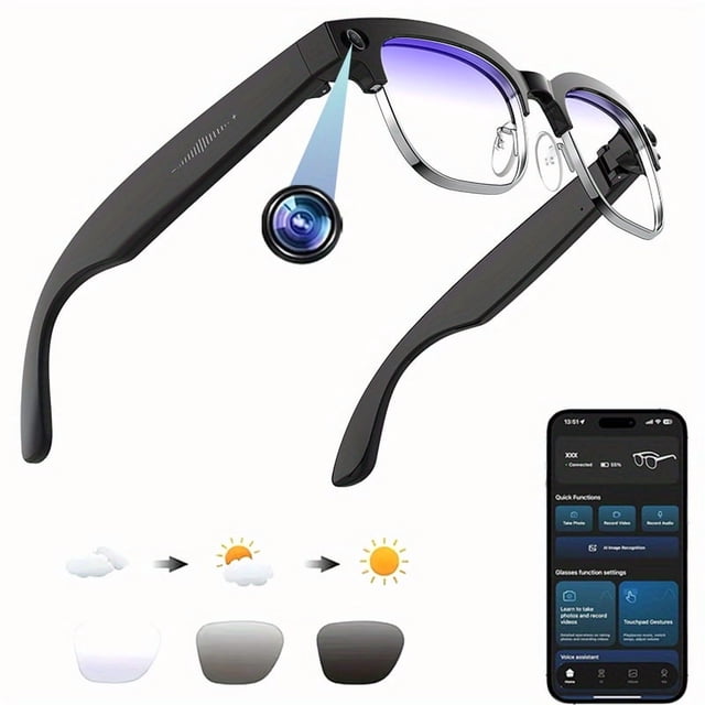 Tigebraver Lunettes Intelligentes avec Caméra 4K, Traduction en Temps Réel et Assistant Vocal IA, Réduction du Bruit et Musique, Capture de Vidéos HD et de Photos pour Femmes Hommes