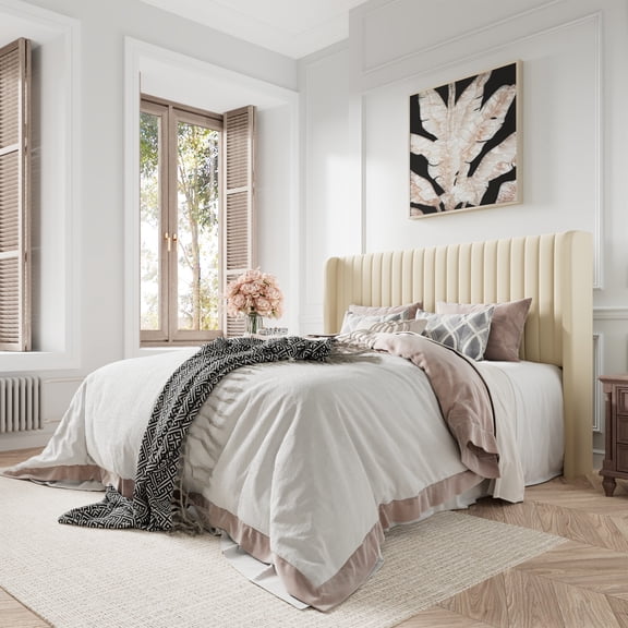Amolife Queen Size Velvet Upholstered Bed with Wingback Headboard, Cream