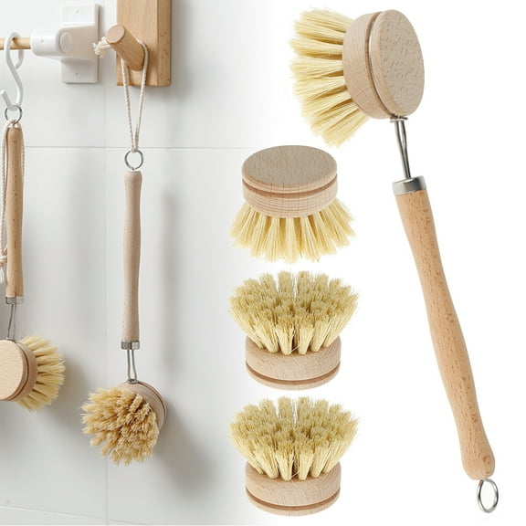 Txkrhwa Wooden Handle Dish Brush, Natural Bamboo Scrub Cleaning Brushes, Fiber Bristles Scrubber with 3 Pack Replacement Heads Included for Dishes Pots and Pans Kitchen Room Cleaning Supplies