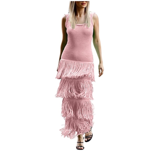 Hrsba Solid Color Round Neck Fringed Short Sleeve Knit Dress for Women Casual Stylish Soft Summer Daily Outfits Dresses