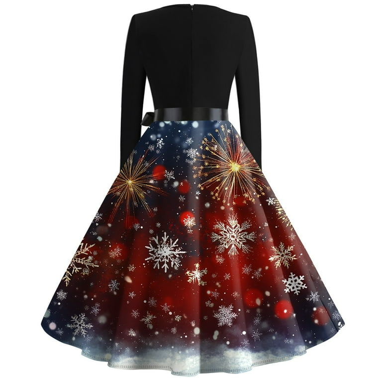 Christmas Dresses for Women Women's Vintage Classic Dress Long Sleeve  Christmas Print Round Neck Swing Dress for Christmas Party,Dark Blue,XL -  Walmart.com