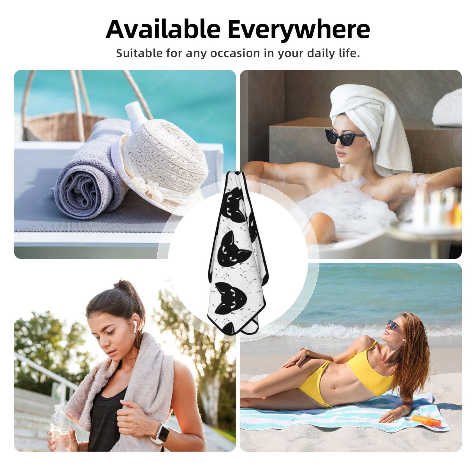 Cotton Bath Towels for Bathroom - Artistic Cat Face Black Microfiber Quick Dry Towels for Body Bath Sheets, Personalized Beach Towel, Soft Shower Towels for Travel Home Beach 27*55in