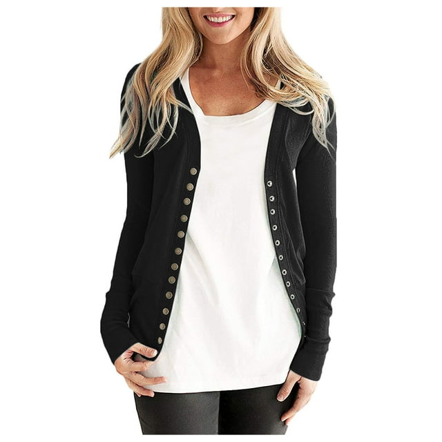 MIASHUI Women's V-Neck Button Front Knit Cardigan, Fashion Solid Color Open Front Lightweight Casual Jacket for Women Black,XXL