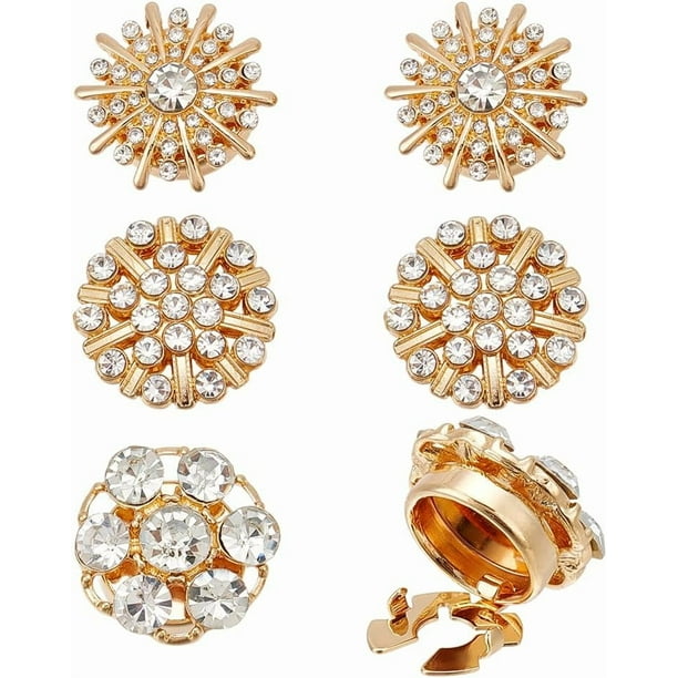6 piezas de 3 estilos de cubrebotones con diamantes de imitación: cubrebotones para mangas, cubrebotones con flores, clips desmontables para botones de camisa, botones y joyería.