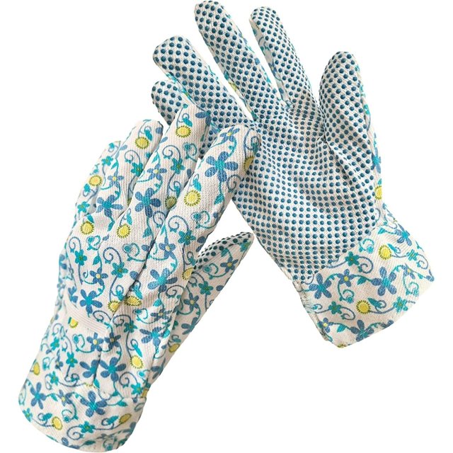 Paquete de 12 Guantes de Trabajo de Punto de Algodón Florales Surtidos en Azul Mediu
