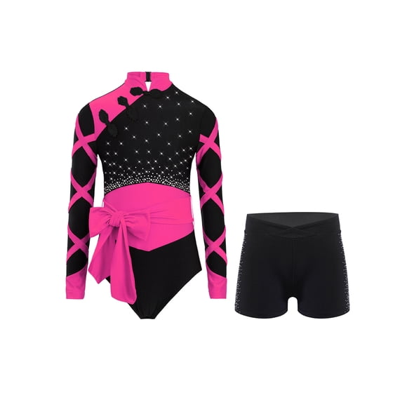 Rswnyirn Justaucorps de Danse Patinage pour Filles Manches Longues Color Block avec Short Rose Vif 6