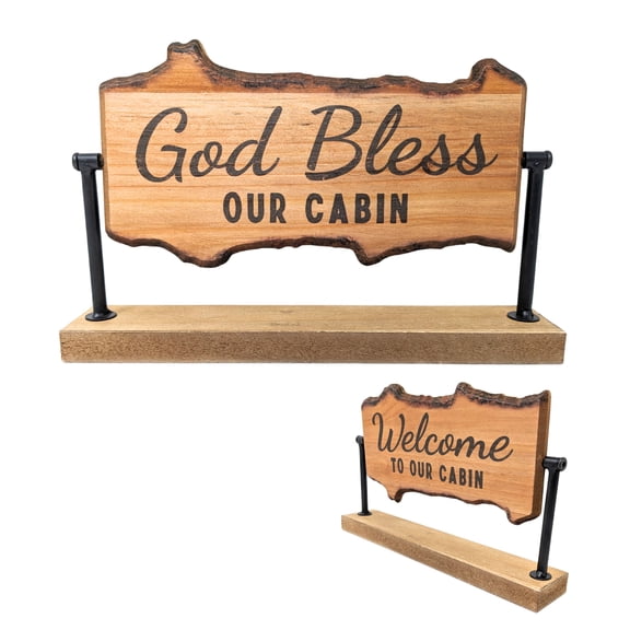 Rustic Cabin Wood Table Roller with Reversible Signs – “God Bless Our Cabin” & “Welcome to Our Cabin” – Wooden Lodge, Cottage, and Cabin Tabletop Décor for Entryway, Mantel & Shelf Display