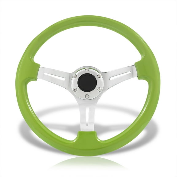AJP Distributors JDM Sport Universal 14" 350mm 6-Bolt Hole Heavy Duty Steel Steering Wheel Metallic Green Frame Polished Light Weight 3 Spoke Horn Button Grip Stance Drifting Center