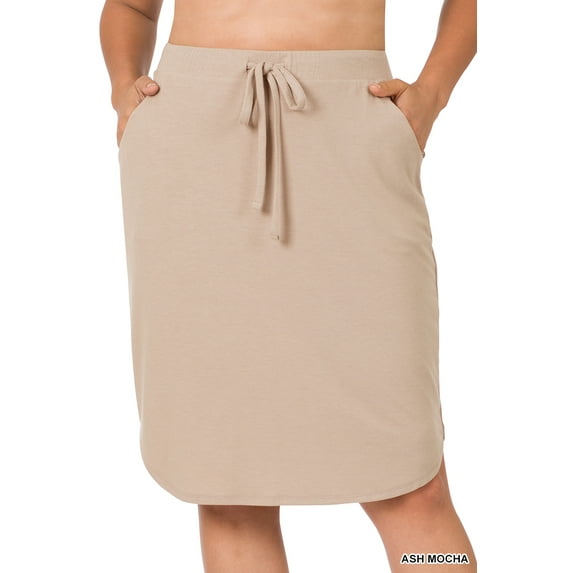 Women & Plus Elastic Waist Self-Tie Knee Length Tulip Hem Midi Skirt with Side Pockets