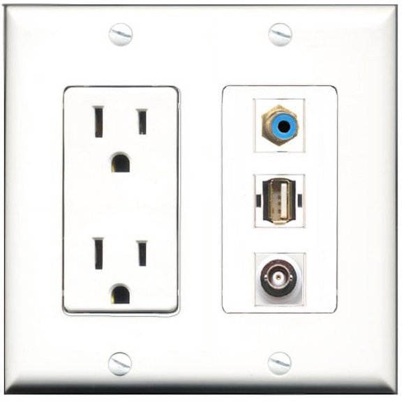 RiteAV - 15 Amp Power Outlet 1 Port RCA Blue 1 Port USB A-A 1 Port BNC Decorative Wall Plate
