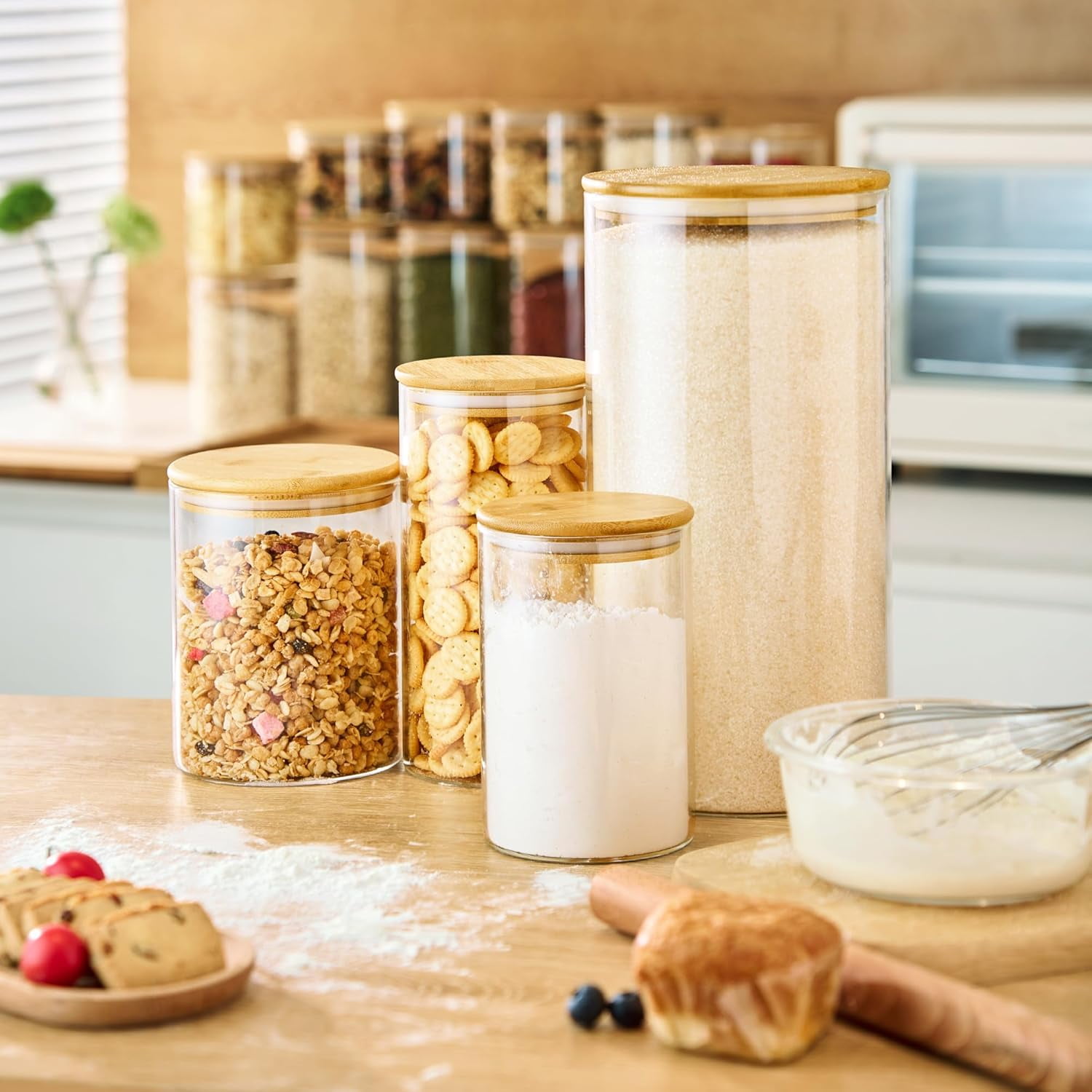 GRD Multi Size-5 Pack Glass Jars with Bamboo Lids,Glass Pantry Storage Containers with Airtight Lids,Round Air Tigh Food Storage Canisters for Cereal,Pasta,Flour,Sugar, Best for Kitchen Organizer
