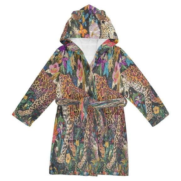 BZSMCE Bathrobes Belt Hooded Leopard in Glittering Garden Creative Pattern