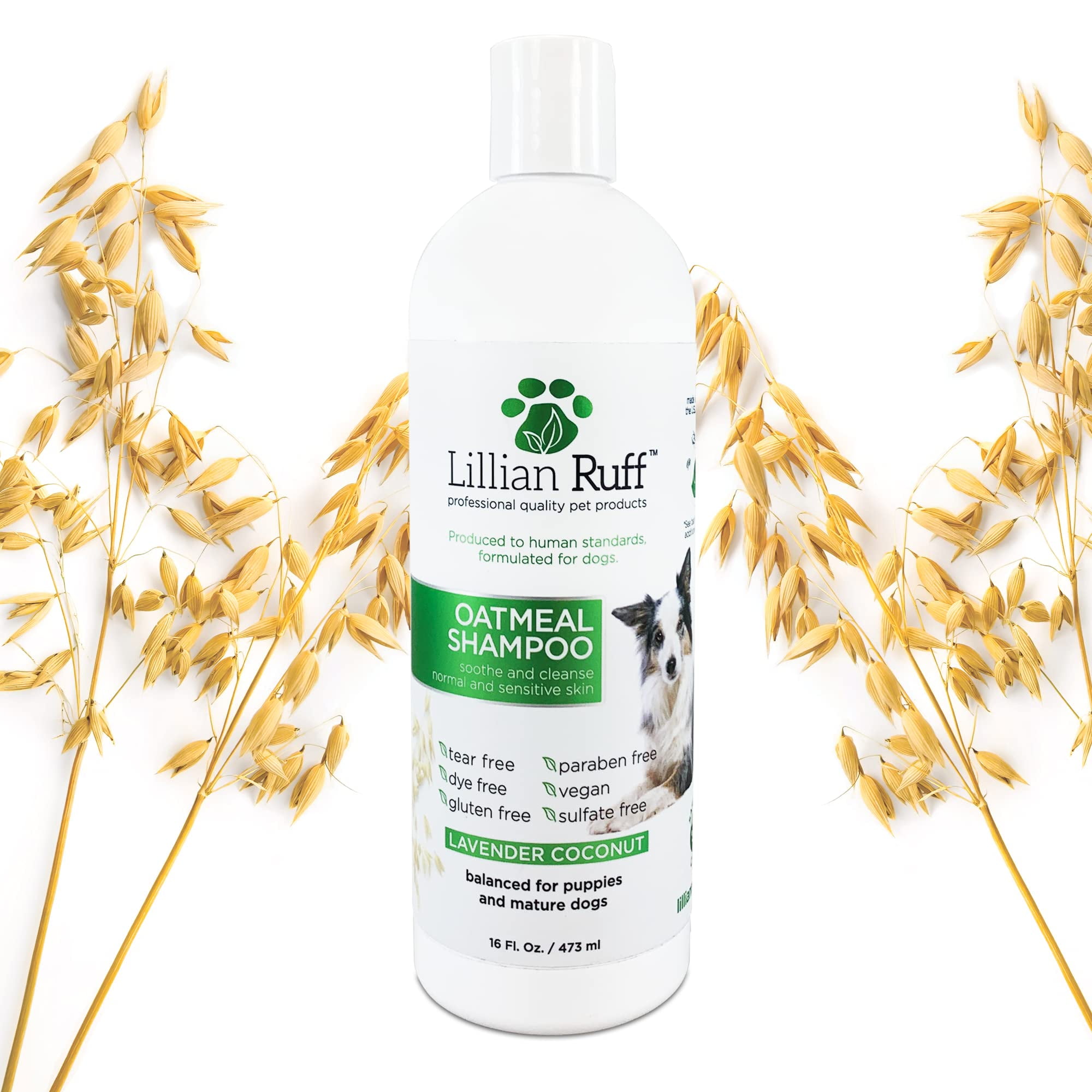 Lillian Ruff Calming Oatmeal Pet Shampoo for Dry Skin Itch Relief with Aloe Hydrating Essential Oils Replenish Moisture Deodorize Tearless Dog Shampoo for Normal Sensitive Skin 16oz