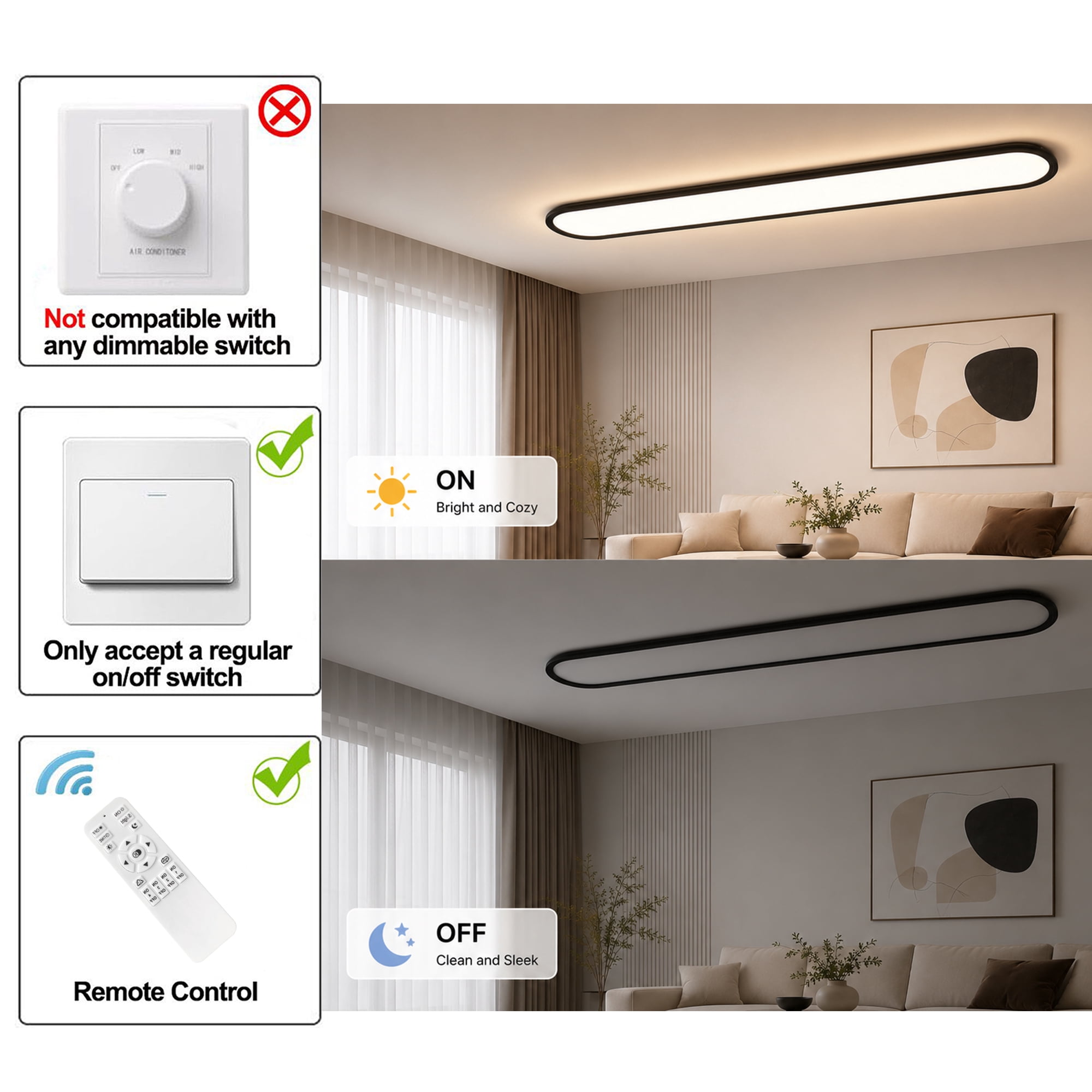 Garwarm 47.24" Linear LED Ceiling Light, 51W Dimmable Black Flat Panel Flush Mount Ceiling Lamp, Low Profile Lighting Fixture for Kitchen, Office, Hallway