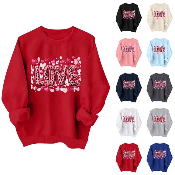 Qetyuw Womens Valentine Sweatshirt Cute Leopard Love Heart Print Sweatshirts Casual Crew Neck Long Sleeve Pullover Tops