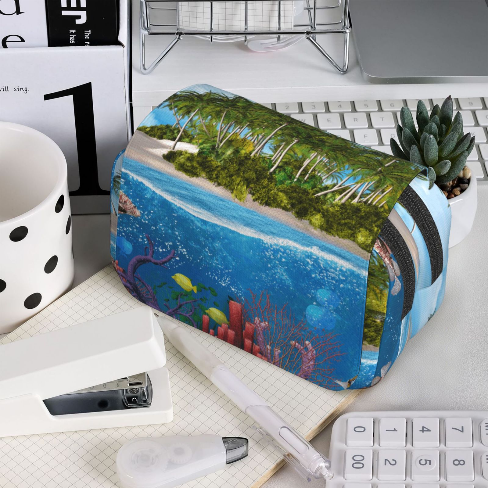 Rateoe Island And Coral Reef Pattern Double Clamshell Pen Case, Storage Organizer with Two Zipper Compartments– Holds Up to 50 Pencils & Pens