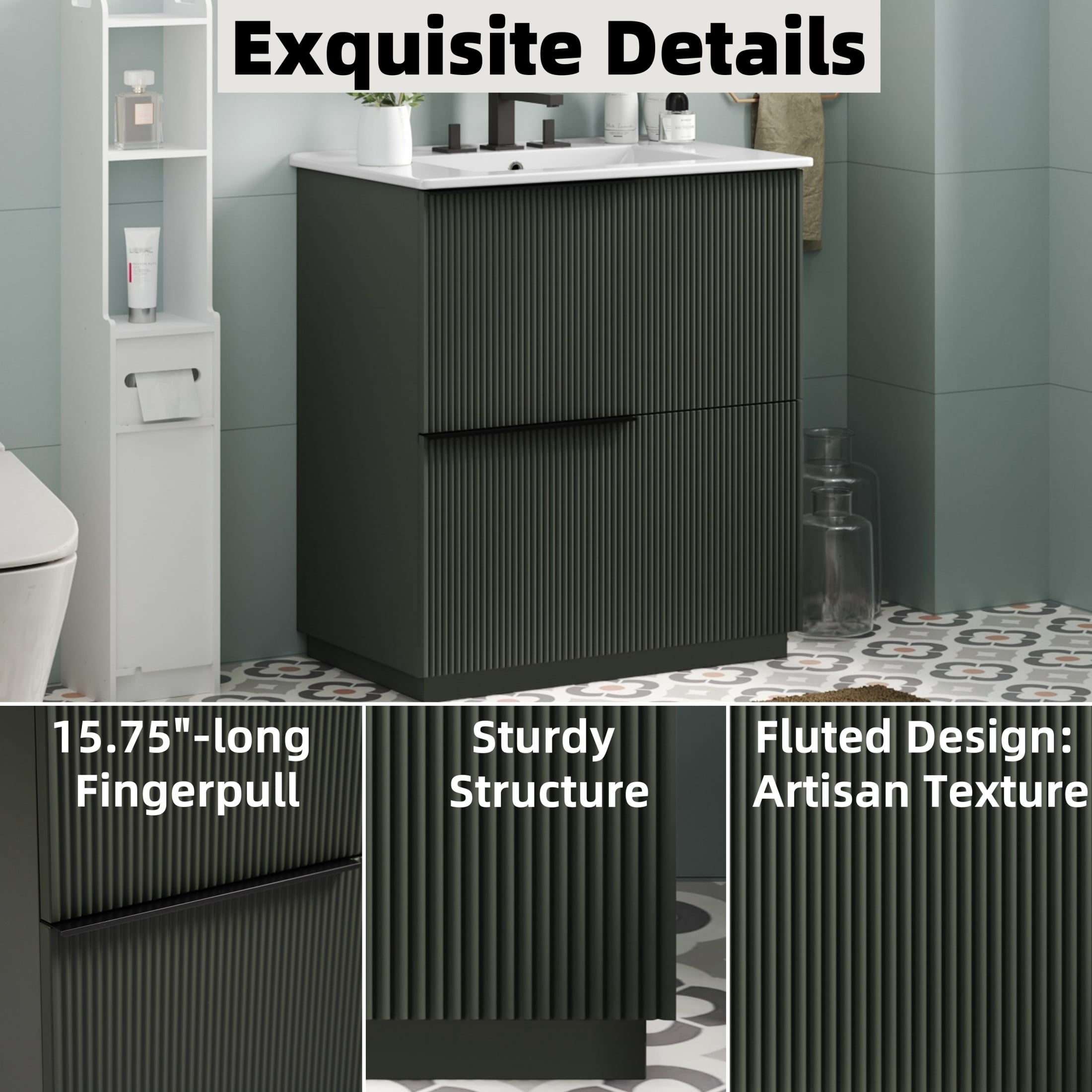 Christopher Knight Home 30" Bathroom Vanity with Ceramic Sink and Soft Close Drawers, Fluted Design, Green