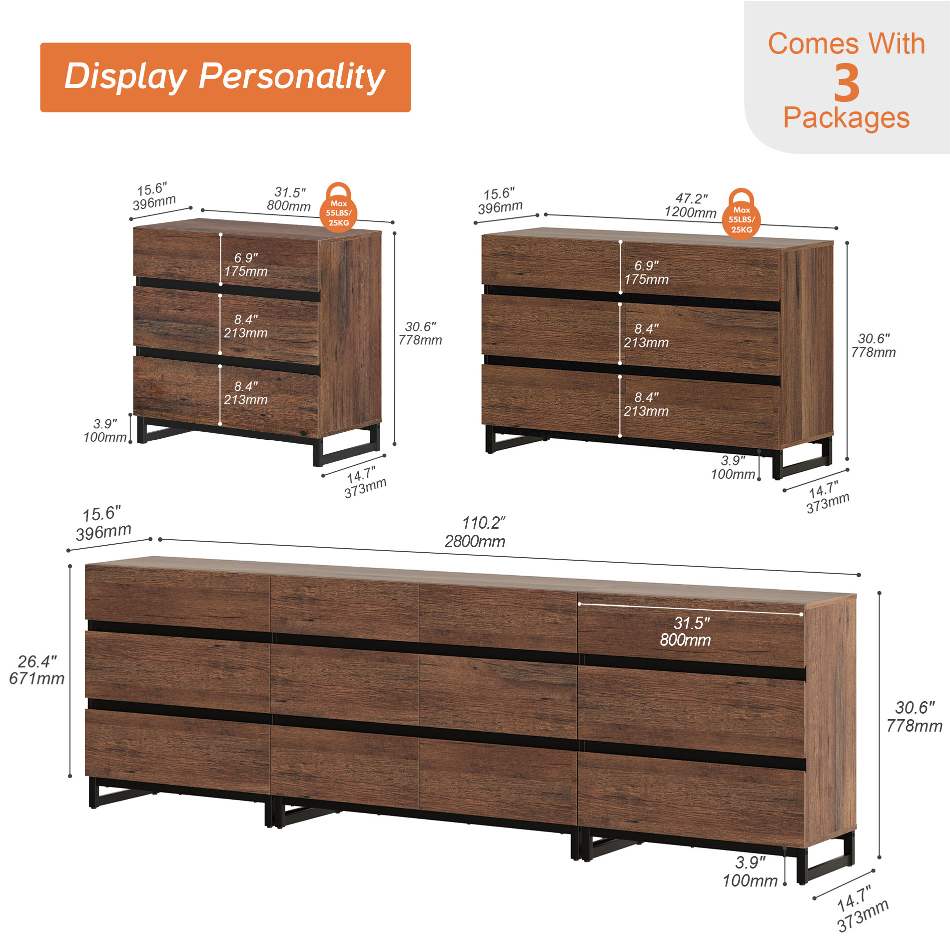 3 In 1 Sideboard Buffet Cabinets With 12 Drawers, Modern Sideboard Credenza With Metal Base, Coffee Bar Cabinet Storage Cabinet,Brown