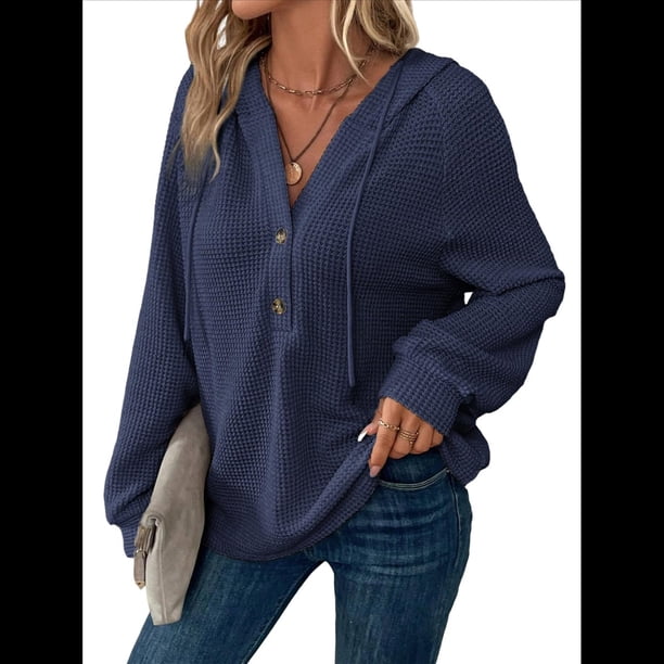 Sudadera con Capucha para Mujer, de Punto Gofre, Larga, Cordón Ajustable, Botones, Cuello en V, Informal, con Capucha Azul Marino L