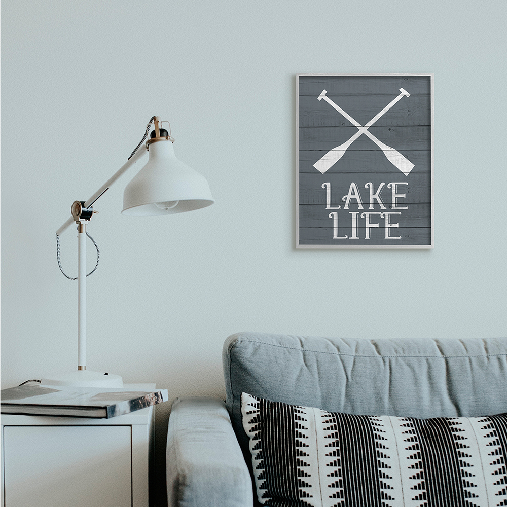 Stupell Industries Nautical Blue Lake Life Phrase Rustic Boat Oars Gray Framed by Kim Allen