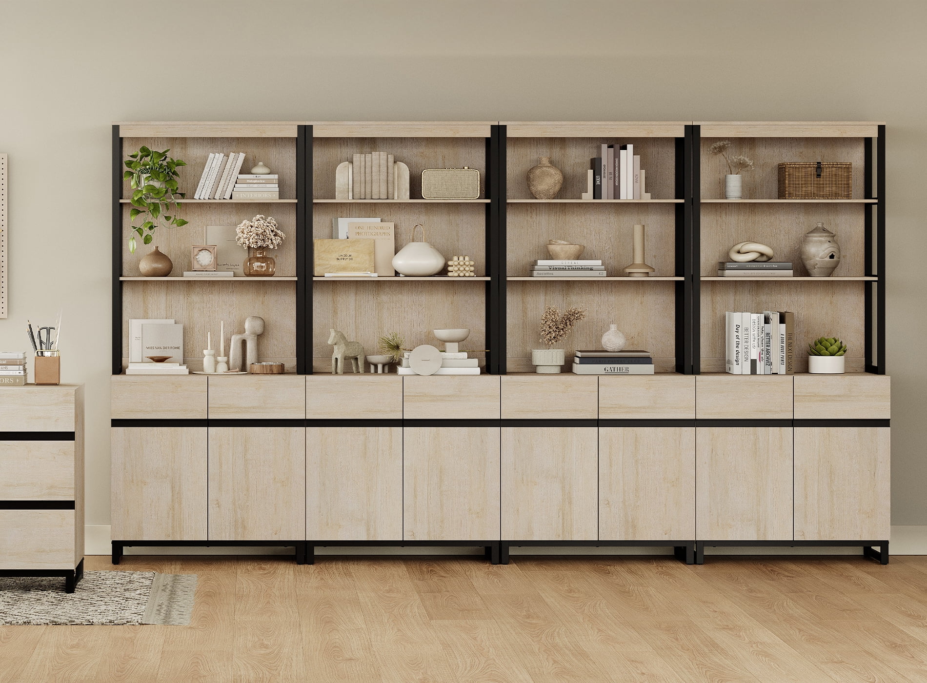 WAMPAT 4-Piece Modern 72" Tall Library Bookcases with Metal Base & Adjustable Shelves, Wood Bookshelves with Storage Cabinet & Open Shelves for Home Office & Living Room, Beige