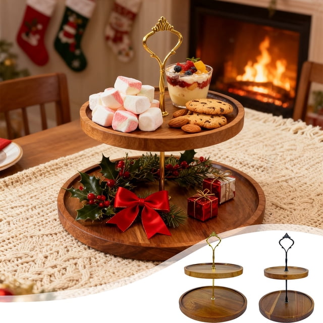 Bandeja decorativa de madera de 2 niveles, torre para cupcakes, exhibidor de postres, galletas y dulces. Ideal para decorar la cocina en un estilo rústico, bodas, fiestas de té, Navidad y