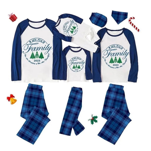 Pijamas familiares a juego de Navidad, conjunto de pijamas a cuadros azules, Corona Familiar, árbol de Navidad, 2023
