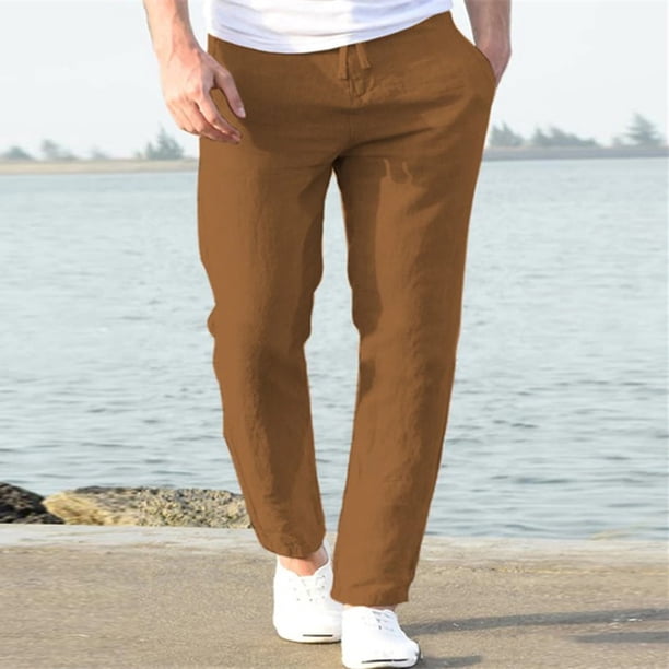 Pantalones largos para hombre, informales, de lino, con cordón, bolsillos, cinturón elástico, rectos, lisos.