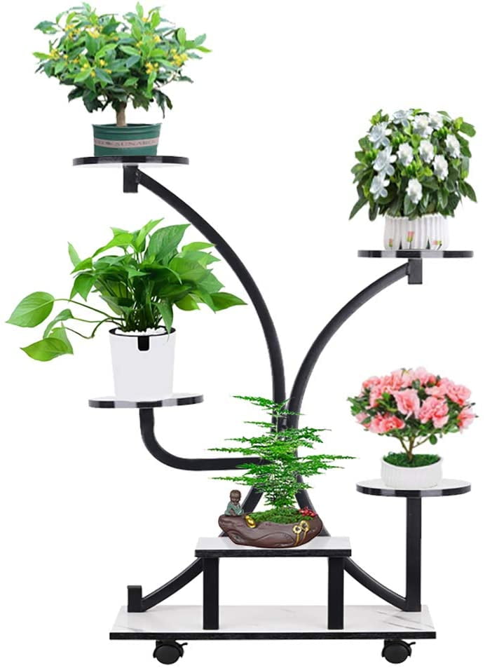 Multi-Layer 5 pots of Green and Flower Management Display Stand Office Metal Wheeled Potted Flower Stand 20.5 Lx10Wx37.5H inches Suitable for Garden Living Room Balcony Black
