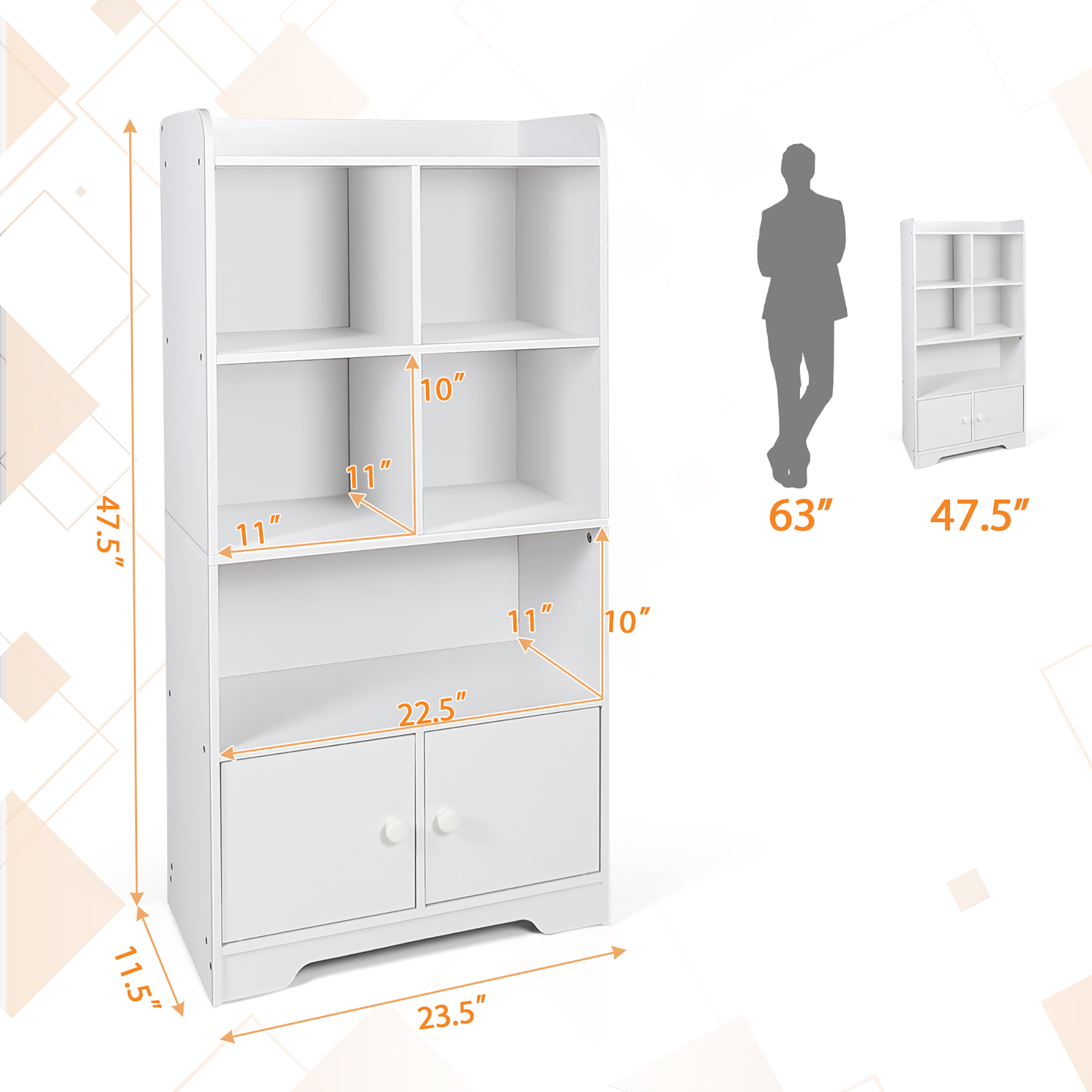 Costway 4-Tier Bookshelf 2-Door Storage Cabinet w/4 Cubes Display Shelf for Home Office - image 4 of 10
