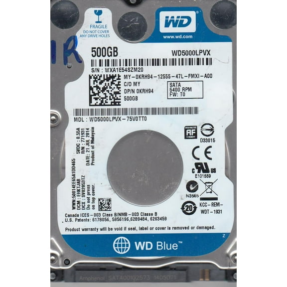 WD5000LPVX-75V0TT0, DCM EHKTJAB, Western Digital 500GB SATA 2.5 Hard Drive