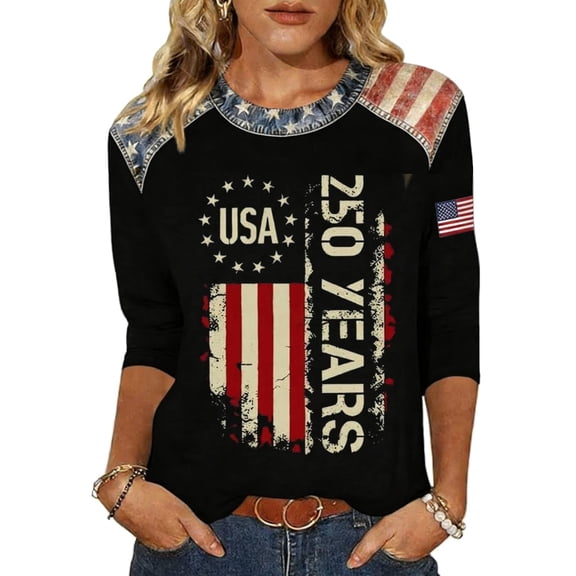 DHFJKG Women 4Th Of July T Shirt 250Th Anniversary USA 3/4 Sleeve Shirts 1776-2026 United States Top